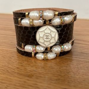 Upcycled Authentic CHANEL Button and Leather Bracelet with Pearls and Crystals